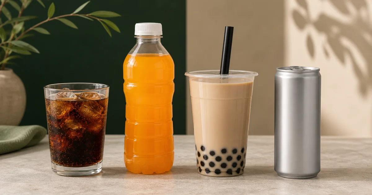 Nước ngọt, nước trái cây đóng chai, trà sữa và nước tăng lực đặt cạnh nhau